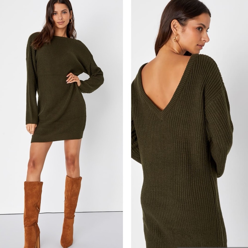 Lulus Bringing Sexy Back Olive Green Backless V-Neck Back Sweater Dress